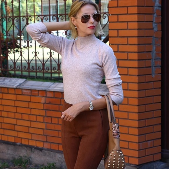 Peach Nude Mock Neck Soft Rib Turtleneck Sweater - Picture 3 of 9